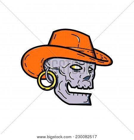 Mono Line Illustration Of A Pirate Skull Wearing A Cowboy  Hat And Earring Looking To Side On Isolat