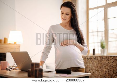 Baby Stuff. Charming Optimistic Pregnant Woman Embracing Timmy While Staring At Screen And Staying