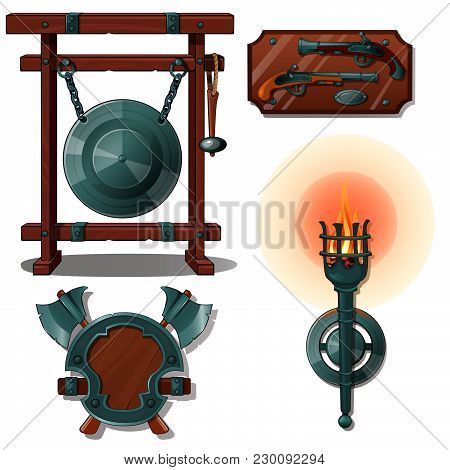 The Interior Of The Dwelling With Medieval Items. Vector.