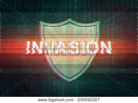 Abstract Illustration Of Distorted Display Screen With Red Light Spot And Shield Icon. Attacked Insc