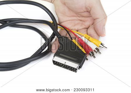 Black Scart Cable And Cinch Connectors On The White