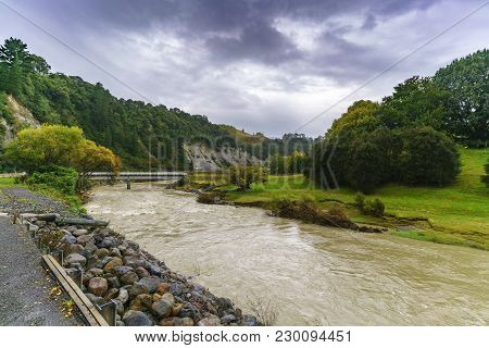 Light Rain Along The Way On Whanganui River Road In National Park In Autumn , Whanganui , North Isla