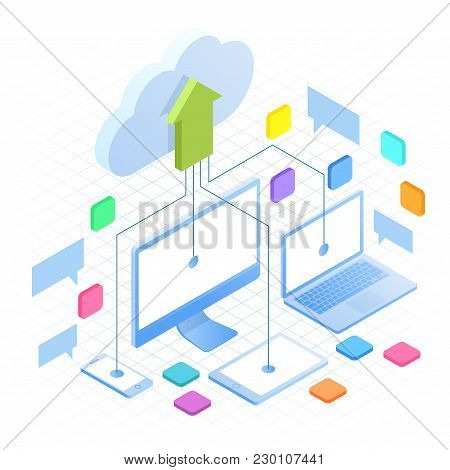 Isometric Cloud Computing Concept In Outline Isolated On White. Cloud Computing Services And Technol