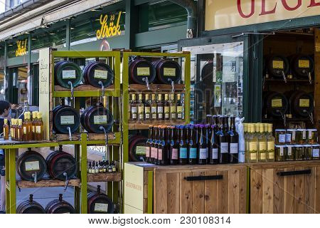 23 August 2017, Vienna, Austria:the Oldest In Vienna Is The Naschmarkt Market With Products Of Alcoh