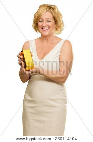 Happy Woman Holding Goldbar On White Background