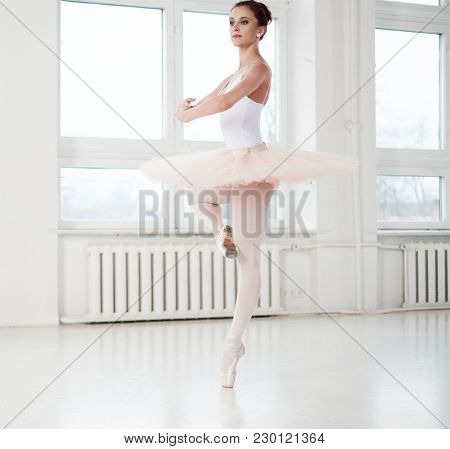 Gracefull ballerina in a dance studio.