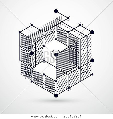 Vector Of Modern Abstract Cubic Lattice Lines Black And White Background. Layout Of Cubes, Hexagons,