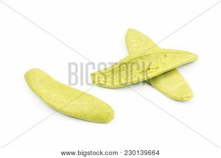 Olive Leaves Spinach Pasta  Three Raw Pieces Isolated On White Background