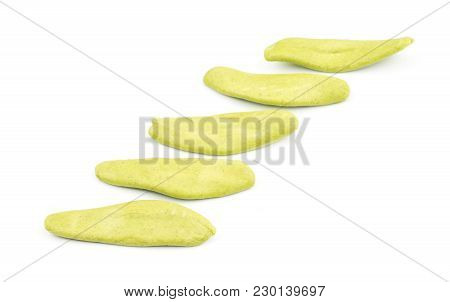 Olive Leaves Spinach Pasta Raw Isolated On White Background Five Pieces In Row
