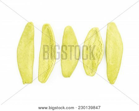 Olive Leaves Spinach Pasta Isolated On White Background Five Raw Pieces Top View