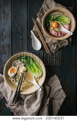 Set Of Asian Dish Udon Noodles With Boiled Egg, Sesame, Mushrooms, Boc Choy, Sous Vide Pork Meat Ser