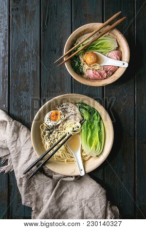 Set Of Asian Dish Udon Noodles With Boiled Egg, Sesame, Mushrooms, Boc Choy, Sous Vide Pork Meat Ser