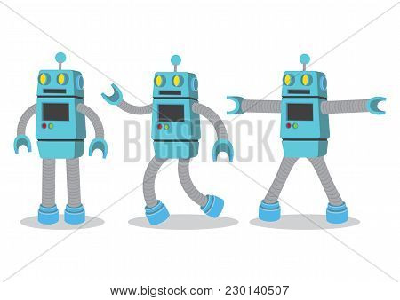 Creative Cartoon Vector Illustration Of Blue Robot On White Background. A Set Of Three Robots With D