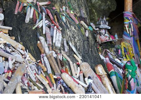 Wooden Lingams Offerings Princess Phra Nang Cave, Railay Peninsula, Krabi, Thailand