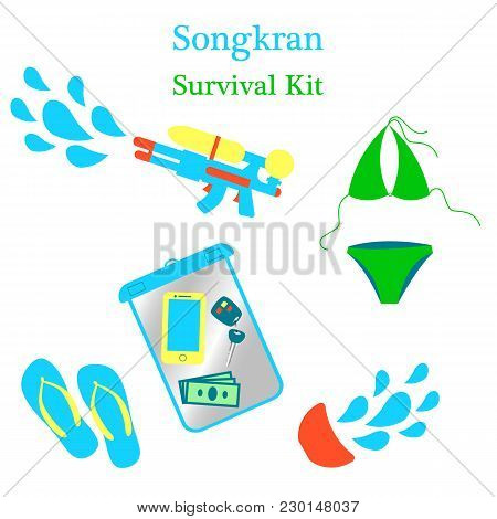 Songkran New Year In Thailand. Jocular Set Of Illustrations Survival Kit. Water Pistol, Water, Cup, 
