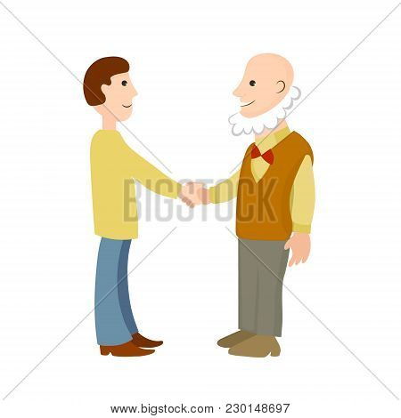 Handshake Of Bearded Old And Young Men. Vector Color Cartoon Illustration.