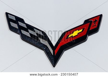 Indianapolis - Circa March 2018: Chevrolet Corvette Emblem at a Chevy Dealership. Chevrolet is a Division of General Motors IV