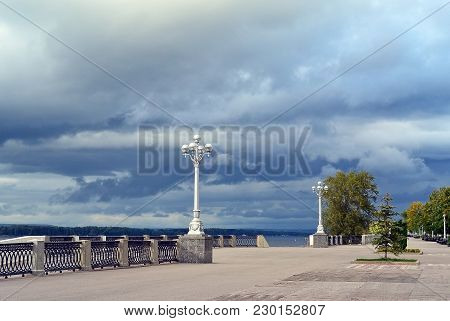 View On Old Style Street Lamp On The Quay Promenade Of River Volga In The City Samara