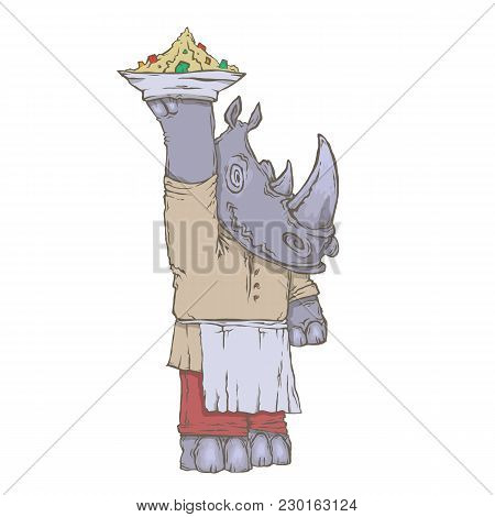 Vector Isolated Image Of The Character Of The Animal Cook. National Cuisine. Gastronomy.  Rhinoceros