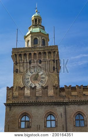 View At Clock Tower On Palazzo Comunale In Bologna. Italy