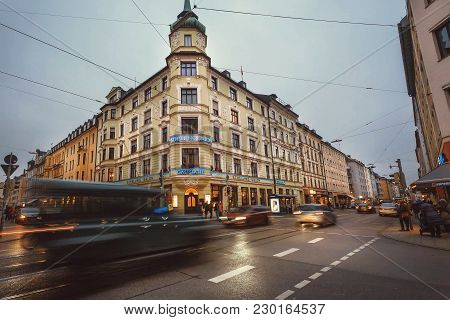 Munich, Germany - November 16, 2017: Busy Street With Motion Transportation And Famous Shelling Salo