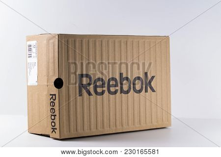Afife, Portugal - March 21, 2017: Reebok Running Boots. Reebok, Multinational Company. Isolated On W