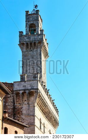 Montepulciano Communal Palace Tower, Designed By Michelozzo,15th Century. Province Of Siena, Tuscany
