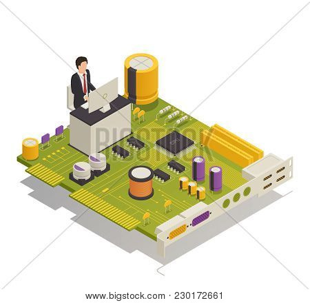 Semiconductor Electronic Components Computer Application Symbolic Isometric Composition With Desktop