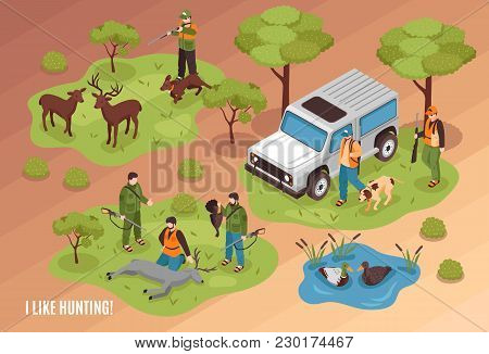 Hunting Scene Isometric Composition With Killed Game Animals Jeep Dogs And Shooter Aiming At Deer Ve
