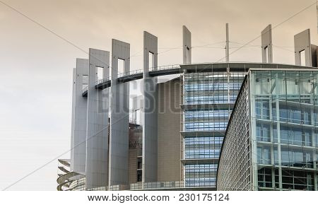 Strasbourg, France - December 28, 2017: Architectural Detail Of The Louise-weiss Building On A Winte