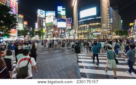 Tokyo, Japan. May 30, 2015. The Shibuya District In Tokyo With Many People. Shibuya Is Popular In To