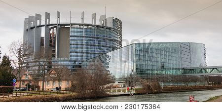 Strasbourg, France - December 28, 2017: Architectural Detail Of The Louise-weiss Building On A Winte