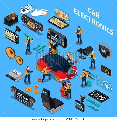 Car Electronics And Service Concept With Air Conditioning And Stereo Symbols On Blue Background Isom
