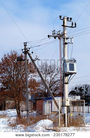 Distribution Mast Electrical Transformer Mounted On A Pole. Distribution Electrical Networks. Electr