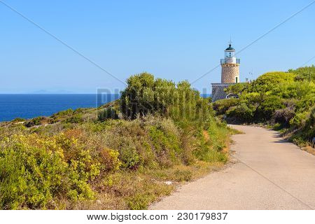 Lighthouse Of Keri Located At The Marathias Cape On Zakynthos Island In Greece. The Height Of The To