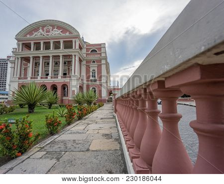Manaus - Aug 9: Amazonas Theatre Facade On A Cloudy Day On August 9, 2014 In Manaus, Brazil. The Ope