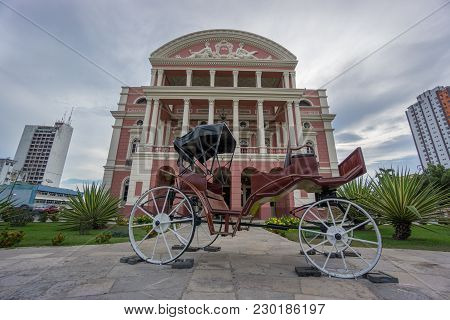 Manaus - Aug 9: Amazonas Theatre Facade On A Cloudy Day On August 9, 2014 In Manaus, Brazil. The Ope
