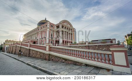 Manaus - Aug 9: Amazonas Theatre Facade On A Cloudy Day On August 9, 2014 In Manaus, Brazil. The Ope