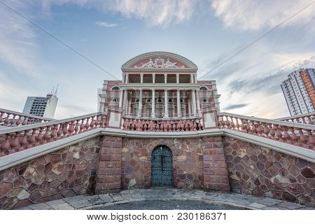 Manaus - Aug 9: Amazonas Theatre Facade On A Cloudy Day On August 9, 2014 In Manaus, Brazil. The Ope