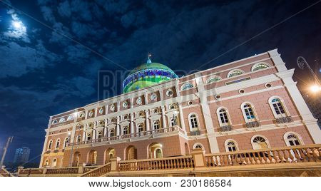Manaus - Aug 9: Amazonas Theatre Side View By Night On August 9, 2014 In Manaus, Brazil. The Opera H