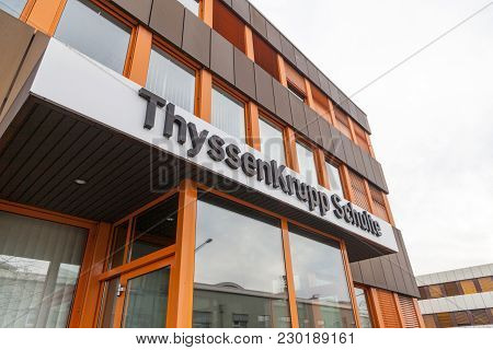 Nuernberg / Germany - March 4, 2018: German Steel Producer Thyssenkrupp Logo On Entrance Building.