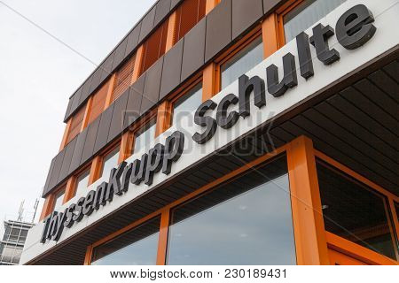 Nuernberg / Germany - March 4, 2018: German Steel Producer Thyssenkrupp Logo On Entrance Building.