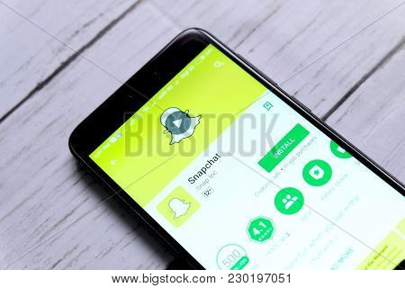 Kuala Lumpur,malaysia - January 28th,2018 : Top View Of Smartphone With Snapchat On An Android Play 