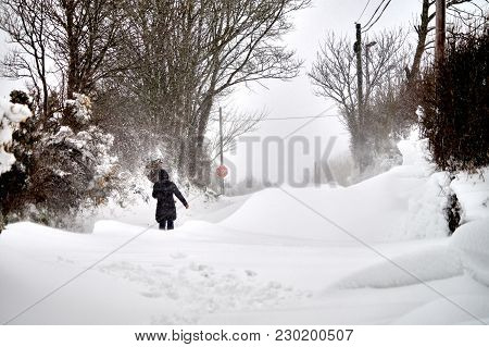 Bannow County Wexford Ireland In March 2 2018; Extreme Weather Snowdrift On The Road.