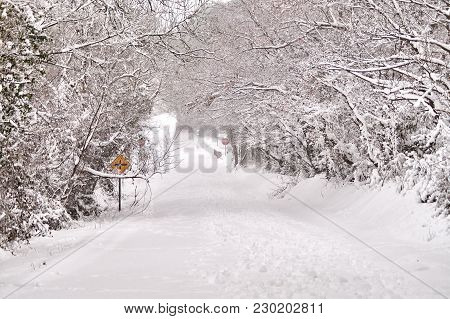 Extreme Winter Road Covered In Snow In Bannow County Wexford Ireland In March 2018.