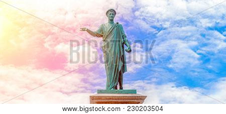 Duke De Richelieu Monument Against Cloudy Sky Background. Odessa's First Mayor. Bronze Statue. Odess