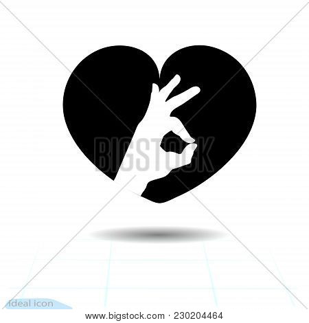Heart Vector Black Icon, Love Symbol. Ok Icon In Heart. Valentines Day Sign, Emblem, Flat Style For 