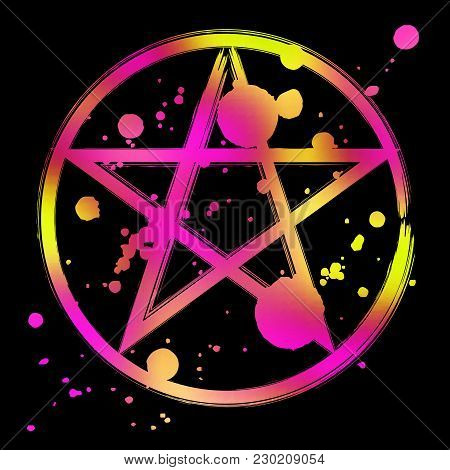 Pentagram Icon, Vibrant Colorful Brush Drawing Magic Occult Star Symbol. Vector Splatter Illustratio