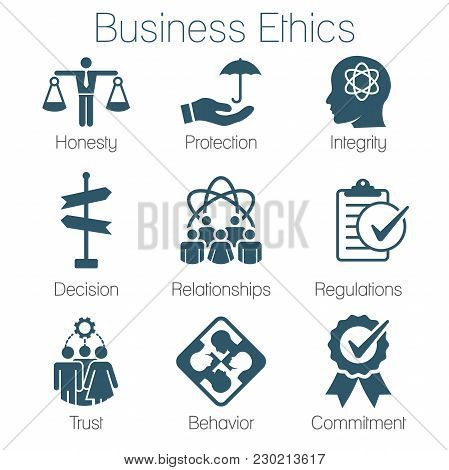 Business Ethics Solid Icon Set With Honesty, Integrity, Commitment, & Decision