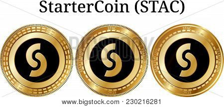 Set Of Physical Golden Coin Startercoin (stac), Digital Cryptocurrency. Startercoin (stac) Icon Set.